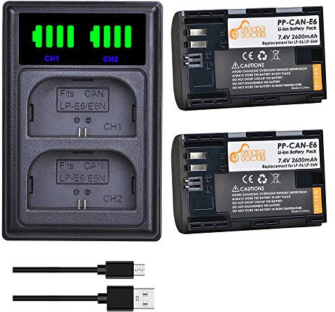Pickle Power 2 Pack LP-E6 LP-E6N Battery and Intelligent USB Battery Charger for Canon EOS 5D Mark II/II, 80D, 90D, 70D, 60D, 6D, 7D, 7D Mark II, 5DS, 5DS R, XC10, BMPCC 4k 6k Cameras