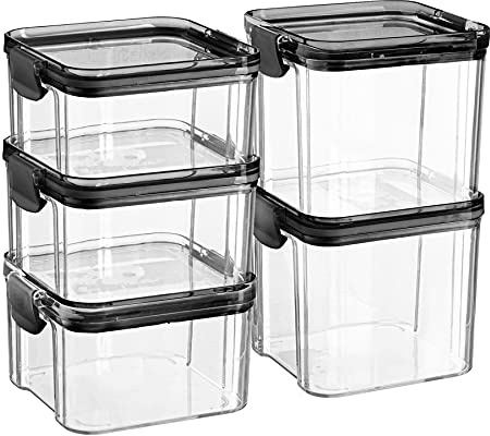 Argon Tableware 5 Piece Food Storage Containers Set - Plastic Kitchen Pantry Organiser Jars - Clip Lid - 2 Sizes - Black