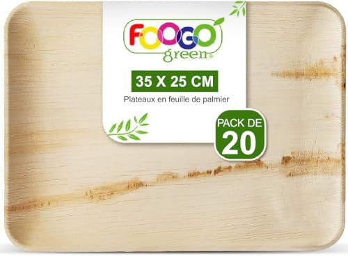 FOOGO Green 20 Bandejas Desechables de Hoja de Palma, Grandes 35x25 cm, Pizza, Entrantes, Canapés, Charcutería, Resistentes Como las Bandejas de Madera para Comida Caliente y Aperitivos