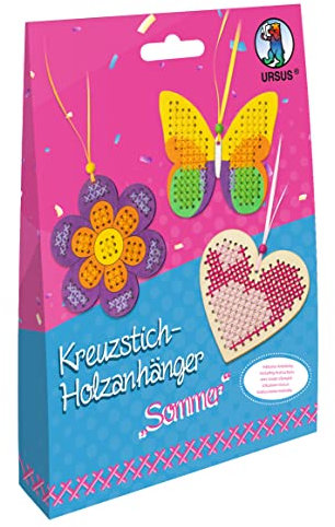 Ursus 21440002 - Kreuzstich-Anhänger aus Holz Sommer, Bastel-Set für Kinder mit 3 Holz-Anhängern, Stickgarn, Sticknadeln, Deko-Material und Anleitung