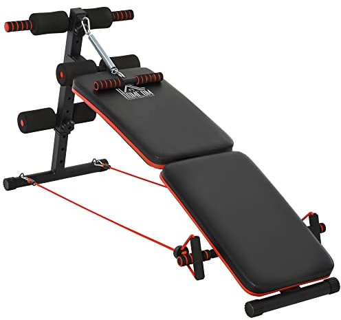 HOMCOM Sit Up Bank Bauchtrainer mit Trainingsbank Trainingsseile Multifunktion Verstellbar&klappbar Stahl Schwarz+Rot 110 kg Belastbarkeit 47 x 142 x 50-66 cm