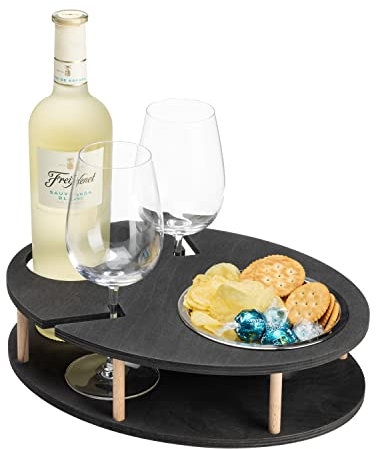 INEXTERIOR – Couchbar WeinBar handgefertigt aus Holz in Schwarz – Runde Snack Box mit Snackschale, Weinflaschenhalter & sicherem Weinglashalter - Couchbutler Couchorganizer Tablett