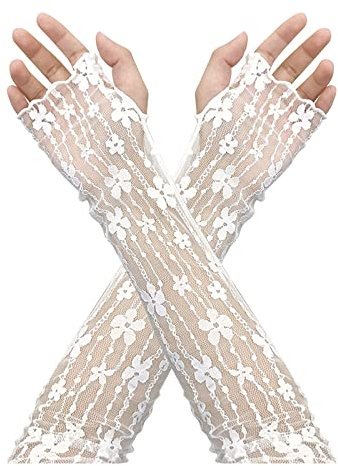 Lange Spitzenhandschuhe Damen, Fingerlose Damen Handschuhe mit Blumenmuster, Sommer UV Schutz Fahrhandschuhe, Braut Handschuhe, Fäustlinge für Halloween Partys,Opern, Hochzeiten Reiten (WEISS)