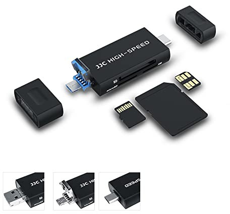 JJC Lecteur de Carte SD en métal, 3 en 1 USB 3.0 Micro USB 2.0 Type-C 3.0 avec 3 emplacements pour Cartes Lecteur de Carte Facile à Utiliser pour Les Cartes mémoire SD Micro SD NM Nano (Noir)