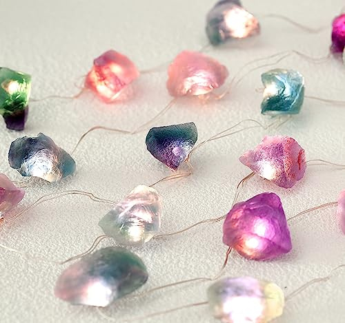 Luci colorate in fluorite naturale, 20 luci a LED per camera da letto, USB/a batteria, decorazione in cristallo di vetro di mare, luci decorative perfette per camera da letto in vetro di mare Kit