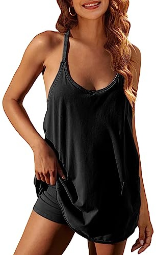 Faleave Women's Summer Sleeveless Mini Dress Athletic Dress Spaghetti Strap Short Tennis Dress with Pockets(Black-M)