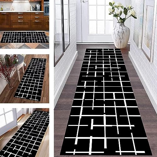 Teppich Läufer Flur rutschfest Küchenläufer Schwarz Weiß Korridor Teppichläufer Waschbar 60X180CM Modern Lang Flurläufer Teppichmatte Küche Schlafzimmer Kinderzimmer Wohnzimmer Meterware Fußmatten