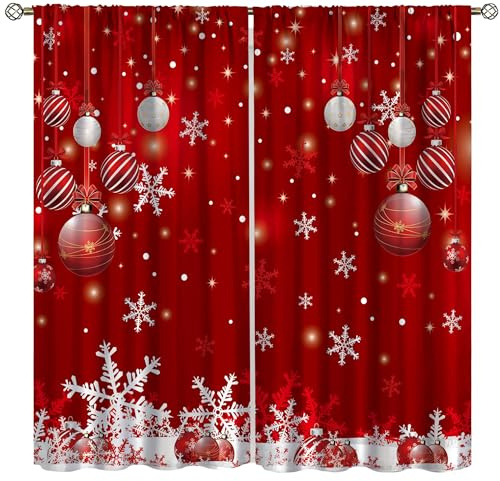 Merry Christmas Curtains, Merry Xmas Glitter Snowflake Window Treatments for Living Room Bedroom Kitchen Holiday Party Decor,Red Burgundy New Year Drapes 2 Panel Sets,42x45 Inch