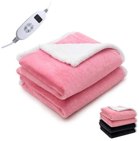 CASART Electric Throw Blanket, Heated Overblanket with 10 Heating Levels, 9H Timer, Auto Off & Overheat Protection, Washable Double-Side Throw for Sofa Bed Office (Pink + White, 160 x 130cm)