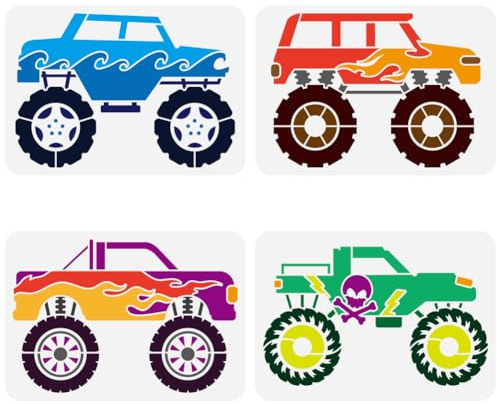 FINGERINSPIRE Monster-Truck-Schablonen – 21 x 29,7 cm, wiederverwendbar, Kunststoff, PET, großes Rad, Zeichenschablone mit Totenkopf-Muster und Fahrzeug-Thema, 4 Stück