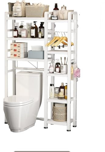 GAMAK Toiletten Regal Weiß Teleskop, Badregal Stehend Hoch, Verstellbar Waschmaschinenregal, Badezimmerregal mit 3 Ablageflächen Platzsparend Leicht Zu Montieren