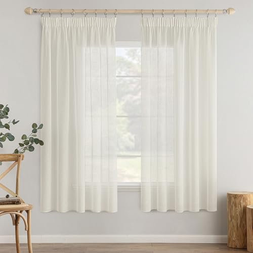 MIULEE 2er Set Voile Vorhang Sheer Vorhang mit kräuselband Transparente Leinenoptik Gardinen Wohnzimmer Modern Fensterschal Schlafzimmer 140x160cm (B x H) Elfenbeinweiß