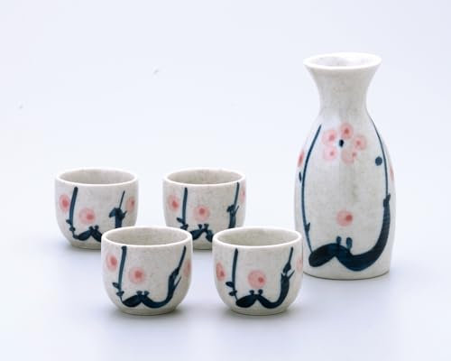 JapanBargain 4978 - Juego de porcelana japonesa de sake de ciruela, jarra de sake para servir sake caliente y frío, fabricado en Japón, blanco, 5 onzas