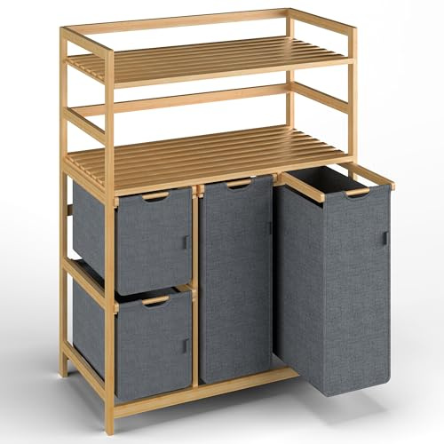 iEGrow Wäschesammler 4 Fächer 150L, Wäschekorb 4 Fächer 2 Regale, Bambus Wäschewagen mit Ablage für Schmutzwäsche, Push-Pull Wäschesack aus Oxford-Gewebe, 2 x 50 L, 2 x 25L Wäschebox Grau