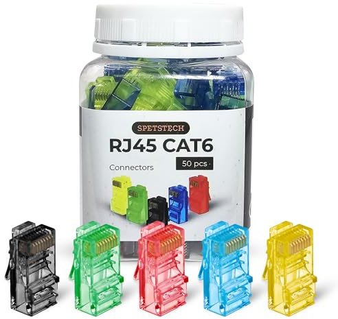 Spetstech RJ45 Connectors 50-Pack Cat 6 non-Through (Cat6 Plugs/Cat 6 Ends / RJ45 Modular Plugs/Ethernet Connectors) for Solid or Stranded UTP Ethernet Cables (Mix color, 50)