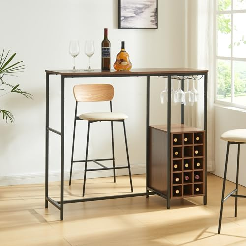 [en.casa] Bartisch Trøndelag 120 x 40 x 105 cm kökstek med vinställ för 15 flaskor och glashållare köksbänk bardisk bistrobord metallram svart/valnöt