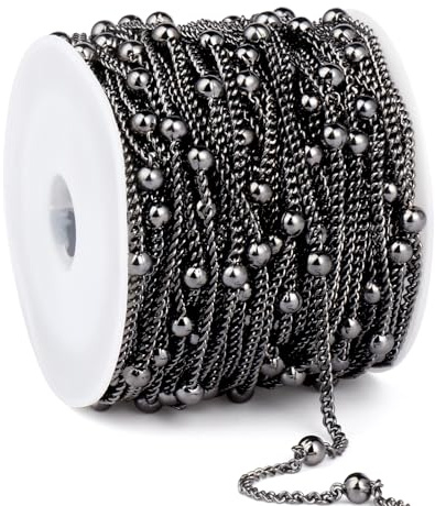 33 Feet Gunmetal Satellite Bead Chains, 2mm 304 Stainless Steel Black Ball Beaded Twisted Curb Chains Spool Bulk for Jewelry Making DIY Craft