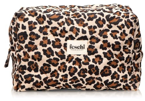 feschi Oversized Beauty Bag - Leopard | große Gesteppte Kosmetiktasche mit Leopard Muster | Kapazität für All Deine Beauty Produkte und Haarpflege | praktische Innentasche