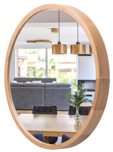 Spiegel Rund Holz Eiche - Wandspiegel mit Holzrahmen (∅47 cm) - LEJA | Massivholz, Einfache Montage, EU-Produktion, 4 mm Spiegelglas, Sicherer Metallhaken, Pflegeleicht