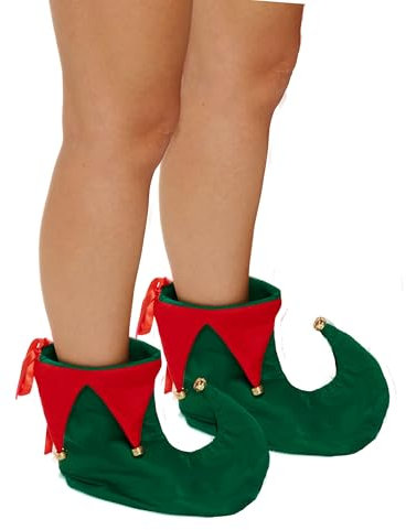 Unisex Deluxe Christmas Elf Shoes Fancy Dress Accessory - Adults Santa's Little Helper Green Red Slipper Boots with Jingle Bells for Xmas Christmas Party