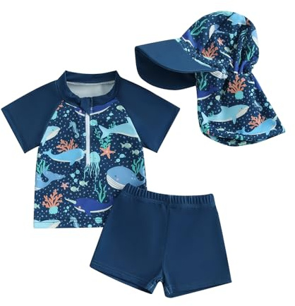 Costume da bagno per neonato, anti UV, maglietta a maniche corte e pantaloncini da bagno, set di 3 pezzi, costume da nuoto per piscina, spiaggia, Blu Squalo, 18-24 mesi