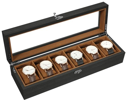 Uten Caja de Relojes con 6 Compartimentos, Caja para Reloje Madera, Tapa de Vidrio y Almohada Algodón Seda, Forro Marrón, para Exhibición y Almacenamiento de Relojes Joyería, Regalo Ideal