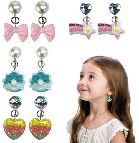 JEYORZY 4 Paires Boucle d'Oreille Clips pour Fille Enfant Boucles d'Oreilles Princesse Bijoux Accessoires d'Habillage pour Filles,accessoires de bijoux non percés pour fête, anniversaire