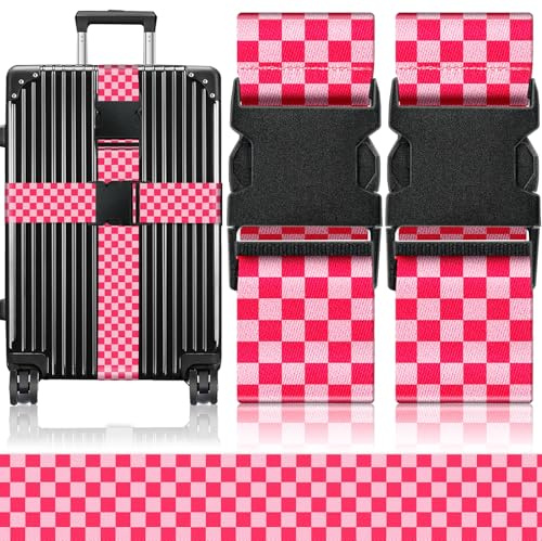 OffiEase Luggage Straps for Suitcases Travel Belt - Baggage Identifiers Suit Case Accessories with Buckle Nylon Adjustable Band Over Handle for Airport 2 pack Pink Plaid