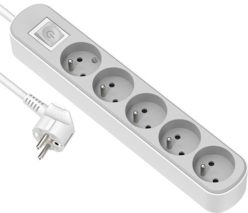 Electraline 32022 Bloc Multiprise Prima 5 Prises 16A avec Interrupteur, Câble H05VV-F Section 3G1.5mm² Longueur 3M, Blanc/Gris