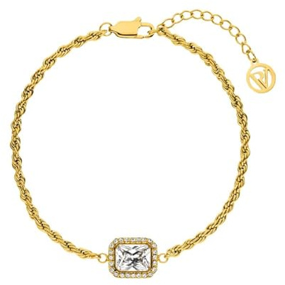 PAUL VALENTINE - Damen Armband Edelstahl - Vergoldet/Golden - mit Zirkonia Stein - Quadrat Viereck Anhänger - PV-B0002