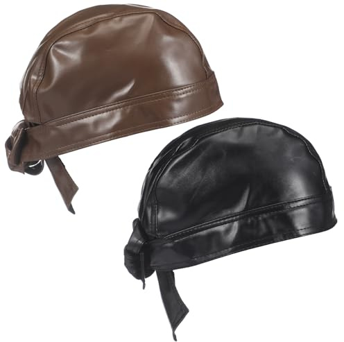 2 Pcs Leather Biker Skull Cap for Women Distressed Motorcycle Bandana Doo Rags Adjustable Skull Cap(Black,Brown,Simple)
