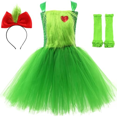 Kolegrial Bambina Grinch Costume Cosplay Christmas Grinch Verde Tulle Vestito con Fascia Calzini per Fancy Dress Up Natale Carnevale Halloween Festa Compleanno Mascherata Abito da Ballo, 2-12 Anni