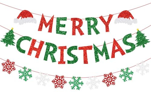 Pancarta Feliz Navidad, Merry Christmas Banderines de Letras para Navidad, Navideño Banderas para Colgar, Merry Christmas Banner, para Guirnalda, Jardín, Hogar, Balcón, Puerta, Fiestas (F)