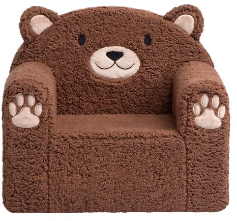 BEJOY Sofá infantil ultrasuave de espuma para niños, asiento individual Sherpa sofá de lectura para niños y niñas, oso marrón