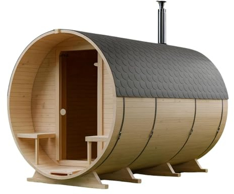 Gardj Fasssauna Garten Outdoor Sauna aus nordischer Fichte – Verschiedene Größen (2–6 Personen) – Wahlweise mit Holz- oder Elektroofen – Inkl. Zubehörset (340 cm, Runde, Holzofen)
