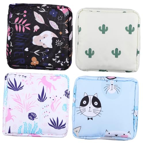 DECORNIJIA 4 pièces Lot de Pochettes de Rangement Hygiéniques Zippées pour Serviettes Féminines Design Portable avec Motifs Animaliers Protections Intimes Discrètes pour Filles et Femmes