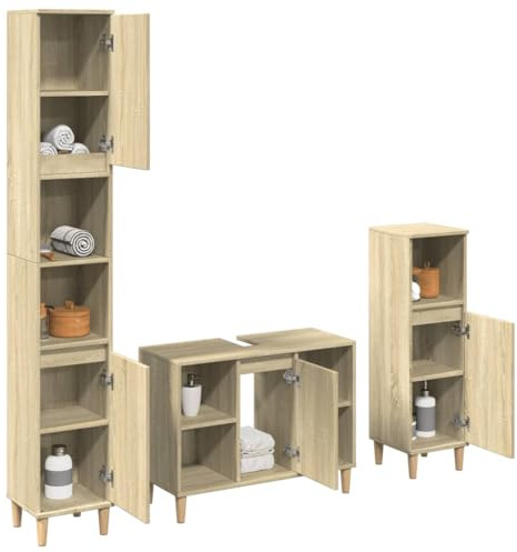 HaoChrymec 3-TLG. Badmöbel-Set Sonoma-Eiche Holzwerkstoff, Waschbeckenunterschrank, Badschrank L und S, für Badezimmer, Badmöbel Set, Badezimmer Möbel Set, 80 x 33 x 60 cm, 30 x 30 x 190 cm