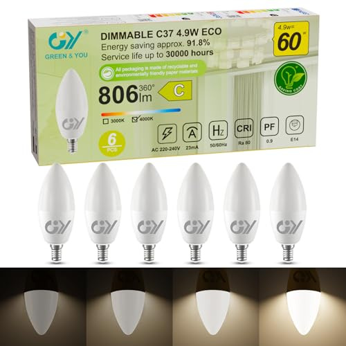 GY Ampoule Dimmable E14 LED Classe C, Blanc Neutre 4000K, 4.9W 806LM Equivalent 60W, LED C37 360 Degrés, 220-240V, Luminosité Réglable, Lot de 6