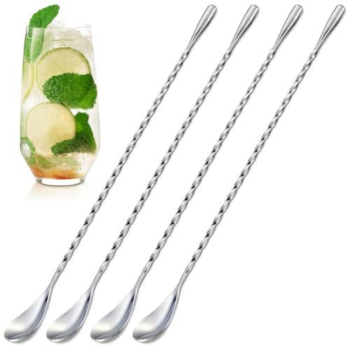 4 Pcs Bar Spoon Cocktail Mixing Spoon – 12'' Stainless Steel Cocktail Stirrers for Drinks, Polished Surface, Easy to Clean – Useful Bar Spoons for Professional and Home Use