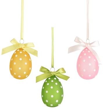 Lot de 3 œufs de Pâques à suspendre en verre - 4 x 6 cm - Avec pois blancs et crochet de suspension - Œufs décoratifs pour Pâques et printemps - Décoration de Pâques - Décoration de printemps - Jaune
