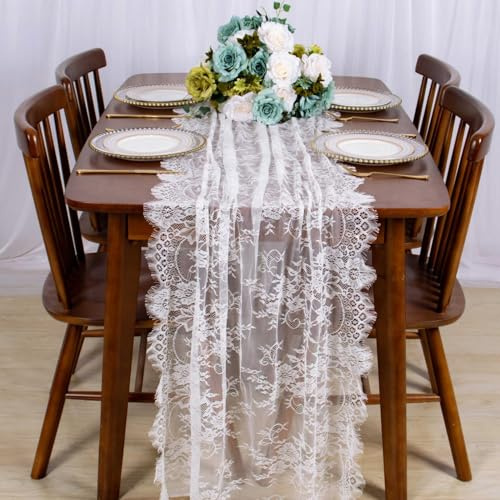 Runner da Tavolo in Pizzo da Sposa, 75*300 CM Vintage Fiori Ricamato in Pizzo Overlay, Boho Decorazioni per la Tavola Nuziale, per Banchetti Nuziali e Giardini Estivi All'aperto (Bianco)