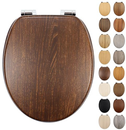 Fanmitrk Traditional Wooden Toilet Seat Soft Close, MDF Adjustable Hinges with Bottom Fixture,Easy to Clean and Install for Bathroom (BLG244-1-01)
