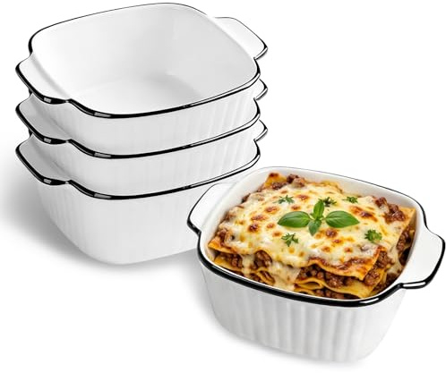 Ceramic Baking Dishes set of 4, 13Oz Square Baking Dishes, 5.75'' Oven Dish | Air Fryer Dishes, Ceramic Baking Dishes with Handles, Small Pie Dishes, Individual Pie Dishes, Oven & Microwave Safe