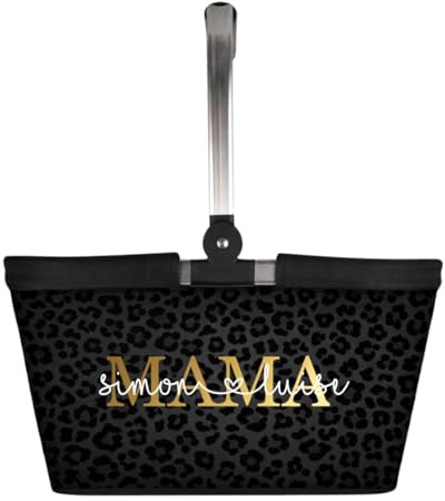 AWASG Einkaufskorb Mama personalisiert, Personalisiertes Geschenk Einkaufstasche mit Name, Tragekorb mit Alurahmen faltbar, 20L Schwarz Leo Print