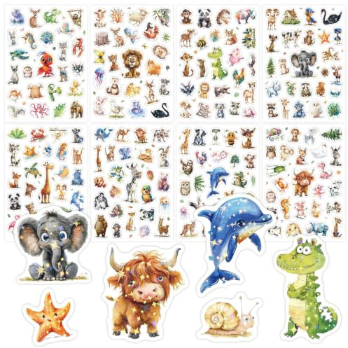 8PCS Animal Glitter Stickers for Children, Aesthetic Holographic Waterproof Sticker Sheets, Cute Reward Stickers for Party Bags, Scrapbooking, Water Bottles and Laptops