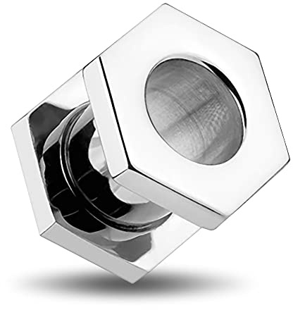 MONSTER PIERCING Túnel hexagonal de 10 mm, rosca externa, dilatadores de oreja, tapones y túneles de acero, se vende por pieza, Acero aleado, Sin piedra