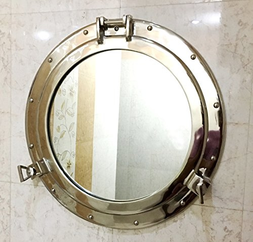 Espejo para colgar en la pared con acabado de níquel para ventana de portero de barco antiguo de 50,8 cm
