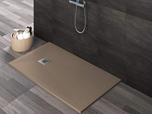 Essence ArredoBagno Plato de ducha de Mineralmármol efecto piedra pizarra – mármol resina con gelcoat – Rejilla de acero inoxidable – Color moka – 70 x 100 cm