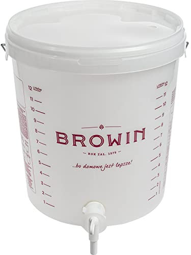 Browin 340416 Weißer Gärbehälter 15 L, mit rotierendem Abflusshahn und Deckel - Skala, zur Gärung von Bier, Wein und Zucker-Cuvées