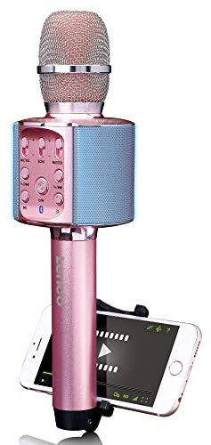 Lenco BMC-090 - Micrófono Karaoke - Bluetooth V4.2 - Con soporte para smartphone - 5 vatios RMS - Efectos de luz LED - Batería integrada con 1200mAh - Android y iOS - Rosa